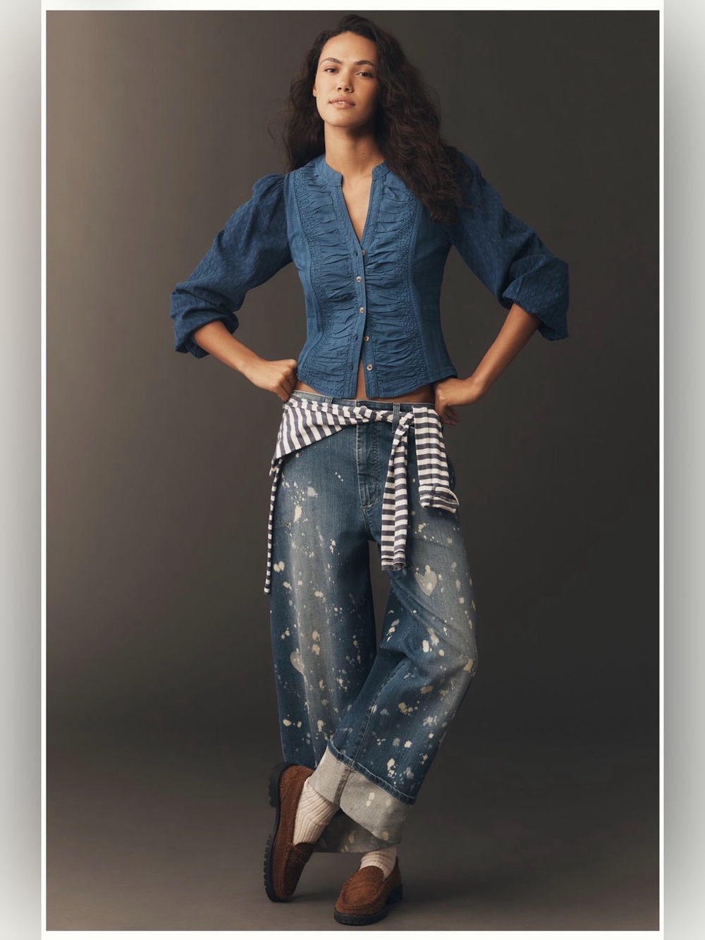 NWT Anthropogie Pilcro Indigo Ruffle-Front Button Shirt
